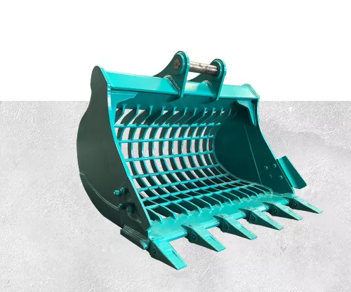 Excavator operator using Kobelco SK140 screening bucket to easily separate fine soil from gravel for efficient site clearing