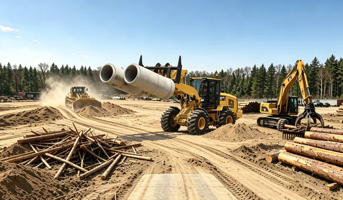 Multi-functional construction machine attachments in use: fork loader hoisting precast culvert pipes, grapple-equipped excavator handling logs, bulldozer grading ground for forestry supporting infrastructure project