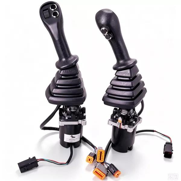 Rexroth excavator cab control joystick set, hydraulic pilot operating handle pair with function buttons, dust boots and wiring harness plugs for excavator hydraulic system replacement