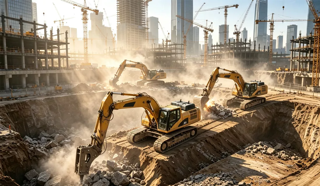 Multiple yellow excavators fitted with hydraulic breakers crush rocks for foundation pit excavation at urban CBD high-rise construction site, tower cranes surround the building framework, realistic construction photography