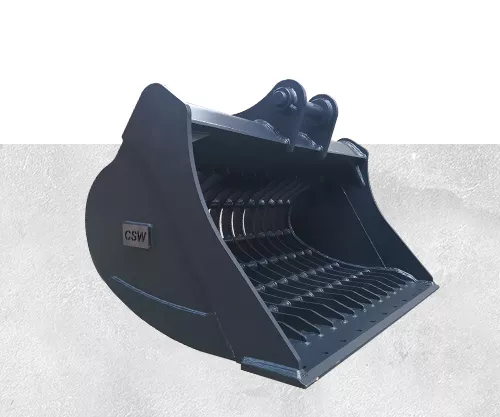 Kobelco SK135 rotating sieve bucket ideal for multiple applications: topsoil processing, pipeline backfilling, and site cleanup