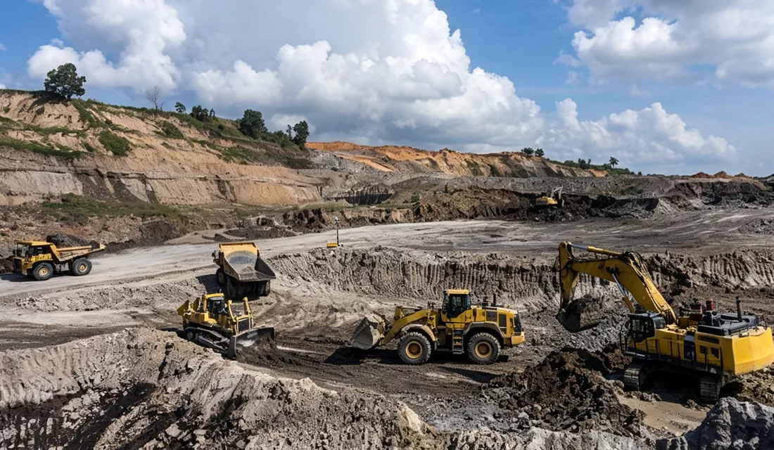Excavator, bulldozer and loader perform open-pit ore mining operations