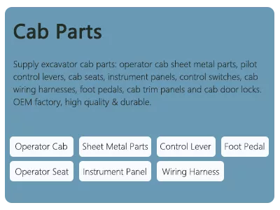 Excavator cab parts, control lever, operator seat, instrument panel, switch, wiring harness, foot pedal, interior panel, cab door lock, sheet metal spare parts